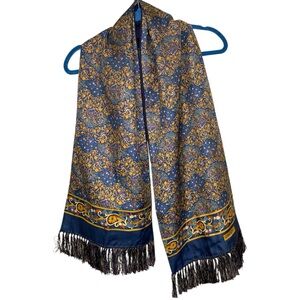 Vintage Liberty Silk Floral Scarf Wool Navy Blue Reverse Brown Botanical Fringes